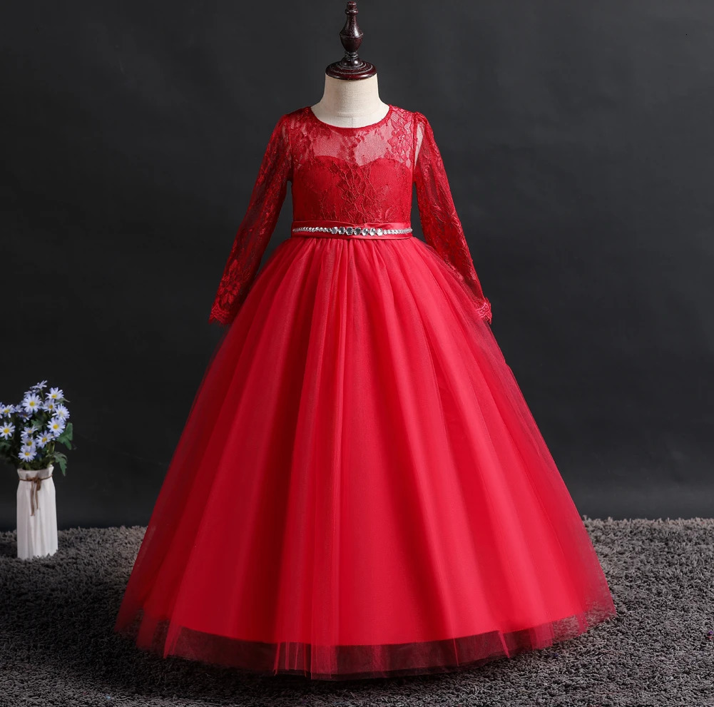 Long sleeved girls fluffy skirt with lace and diamond flower child wedding dress bridesmaid dress for 3 to 12 Year 251023