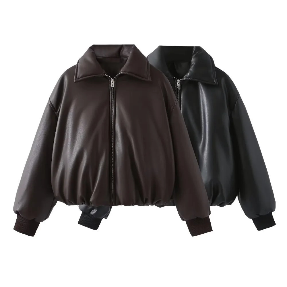 Fall Winter Faux Leather Jacket for Women Oversized Streetwear Cotton Padded Parkas Short Bomber Coat Warm 251017