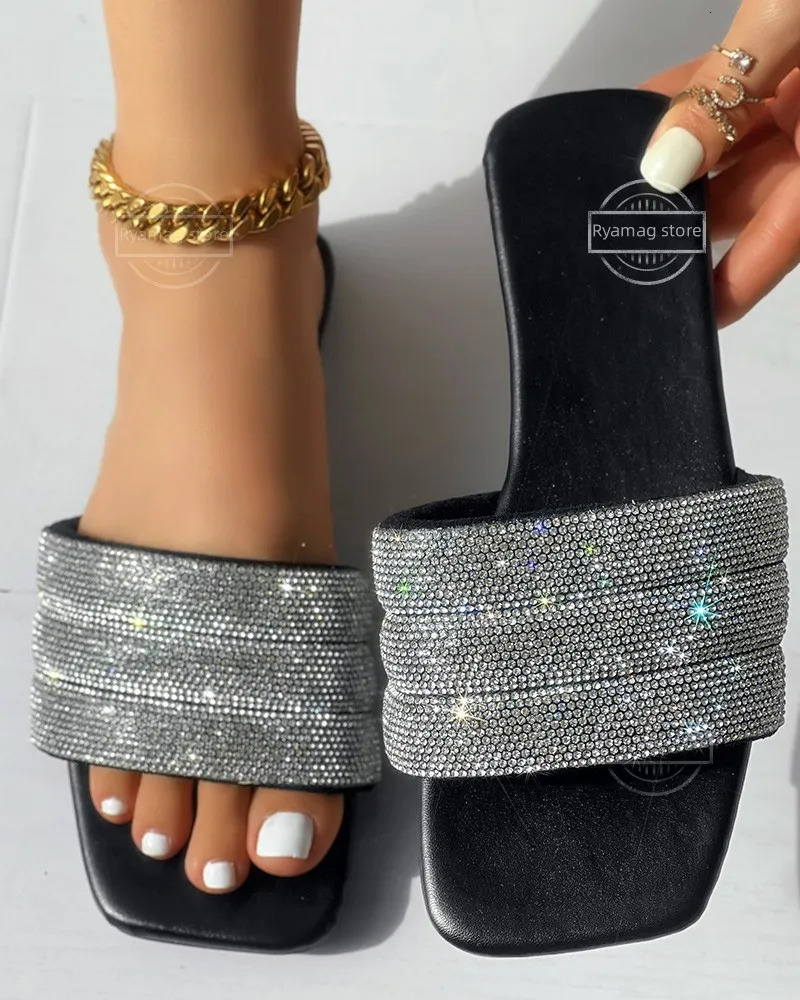 Slippers Womens Rhinestone Wide Strap Square Toe Slippers Flip Flops Flat Sandals Ladies Slippers Shoes Female Bling 251023