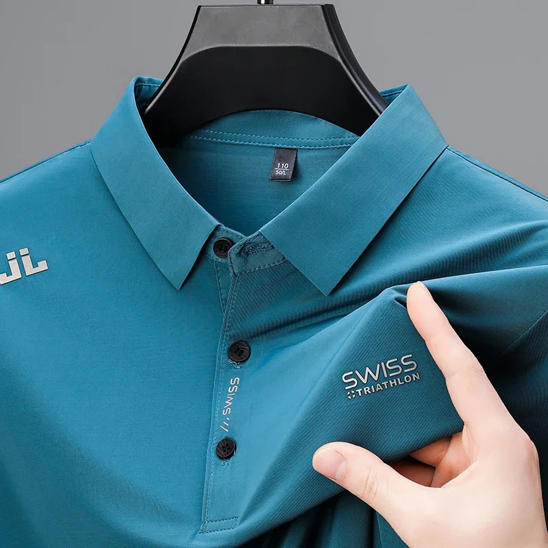 Mens Business Casual Short Sleeved Shirt with Badge Solid Color Polo Shirt Fashionable Breathable Comfortable Versatile Top 251020