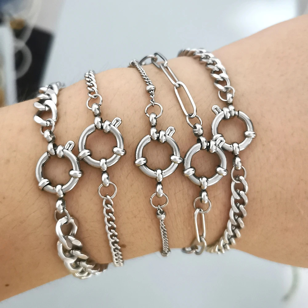 QMHJE Stainless Steel Bracelet Women Men Anchor Clasp Beads Chain Sailor Wheel Geometric Link Basic DIY Gold Silver Color Punk 251023