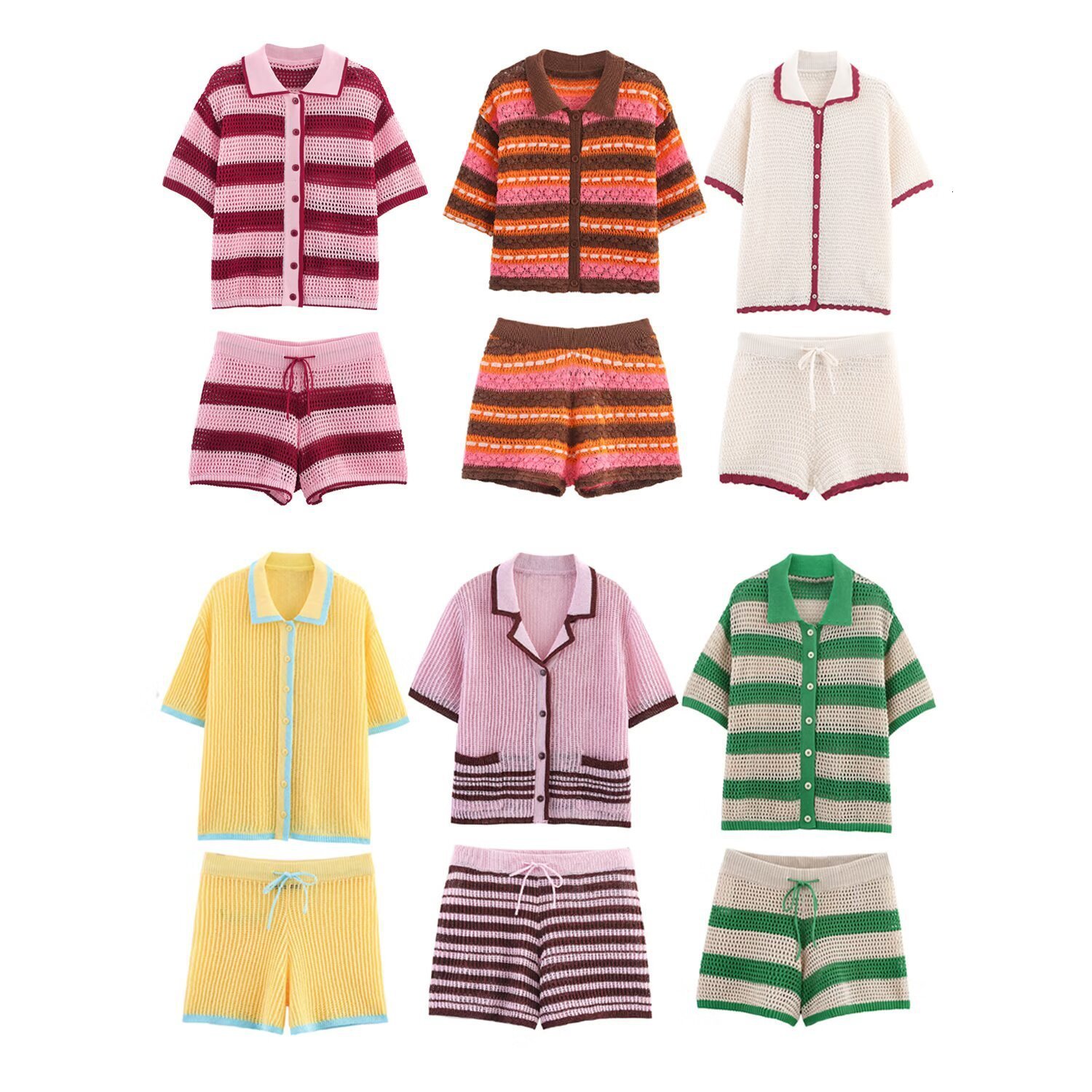 Women's Sweaters Women Lapel Slim Tops Ladies Buttons Stripe Sexy V Neck Short Sleeve POLO Neck Knit Cardigan Sweater Women 231009