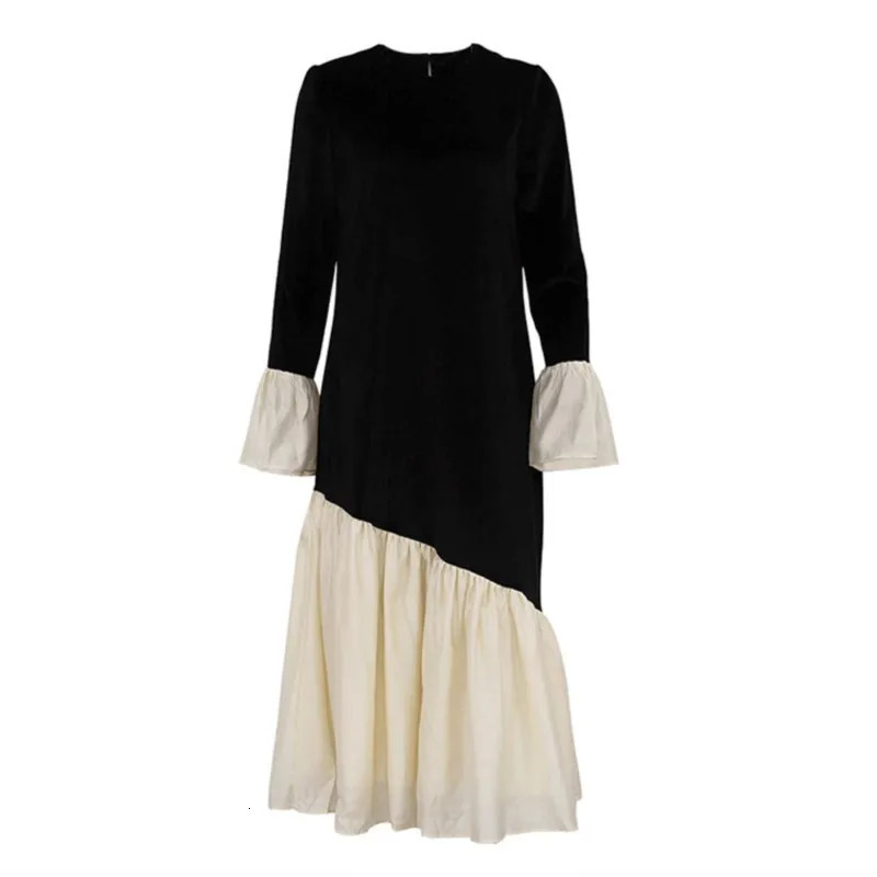 Fashion Oneck Patchwork Loose Mermaid Dress Womens 2025 Autumn Spring Solid Flare Sleeve Temperament Dresses Female Streetwear 251023