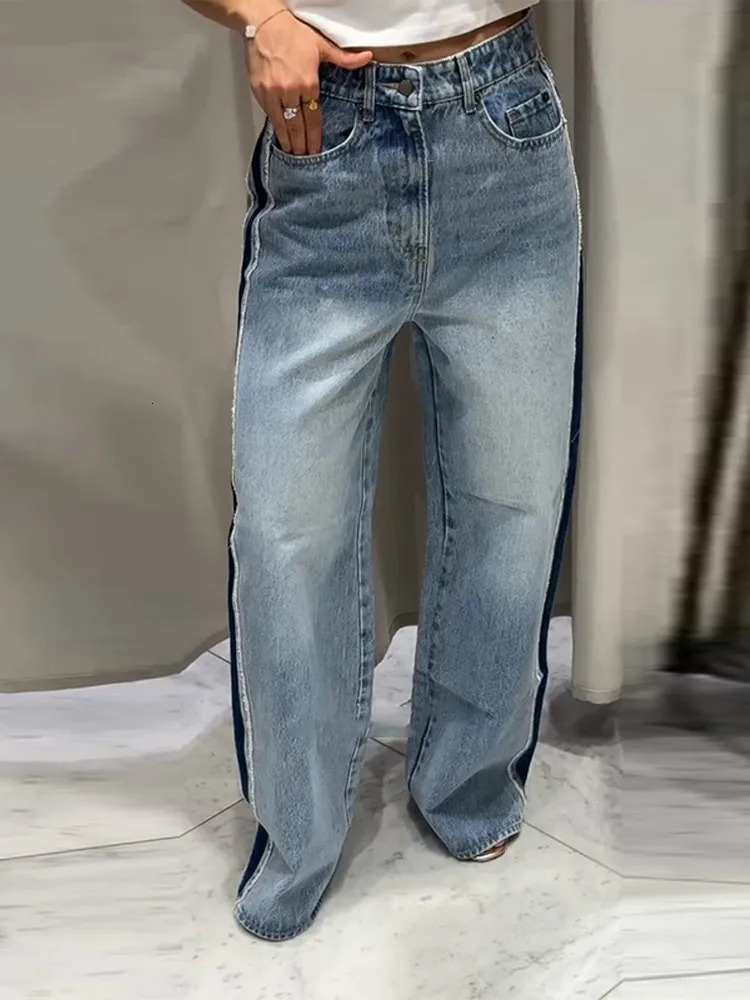 Chic Patchwork Womens Denim Jeans Pant High Waist Wide Leg Baggy Pants Trendy Spring Autumn Streetwear Casual Daily Trousers 251023