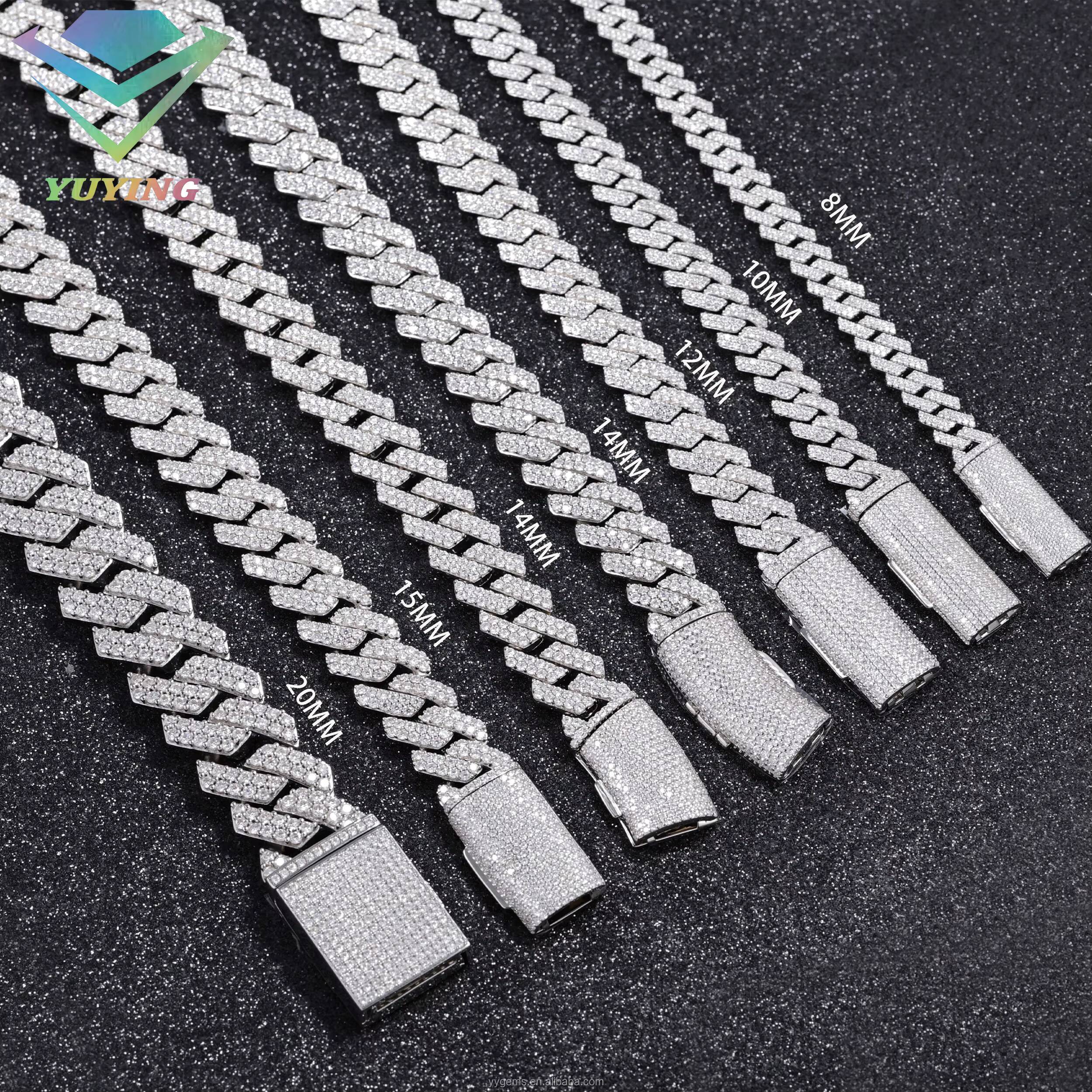 Yu Ying Gems 8mm 10mm 12mm Width 925 Solid Silver Ice Out Moissanite Diamond Cuban Link Chain Necklaces for Hip Hop Jewelry