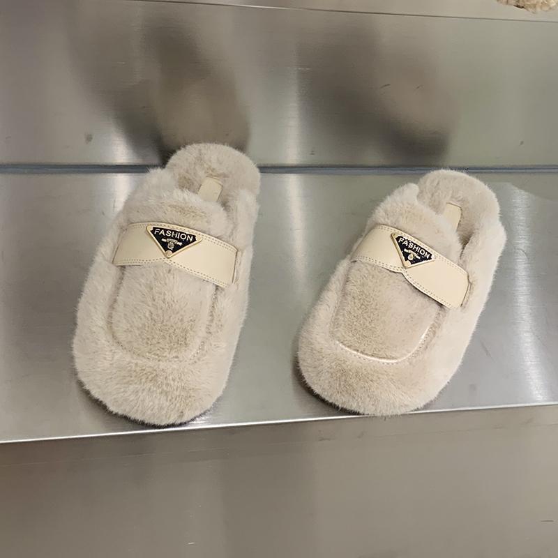 New Elegant Sweet Versatile Plush Slippers Womens Autumn Winter Indoor Outdoor Soft Warm Flat Free Shipping Black Kaki Off-White