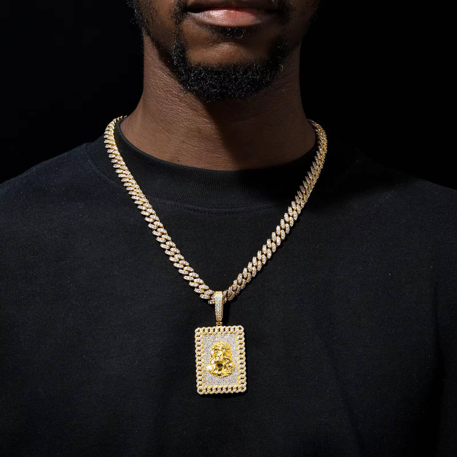 Luxury Men Jewelry 18K Real Gold Plated 925 Sterling Silver Moissanite Diamond Iced Out Jesus Sign Dog Tag Pendant With Cuban