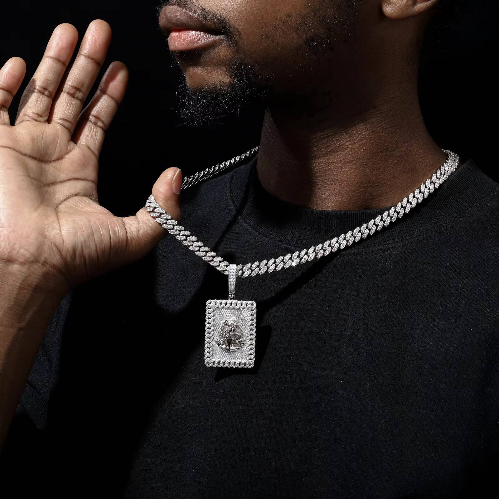 Luxury Men Jewelry 18K Real Gold Plated 925 Sterling Silver Moissanite Diamond Iced Out Jesus Sign Dog Tag Pendant With Cuban