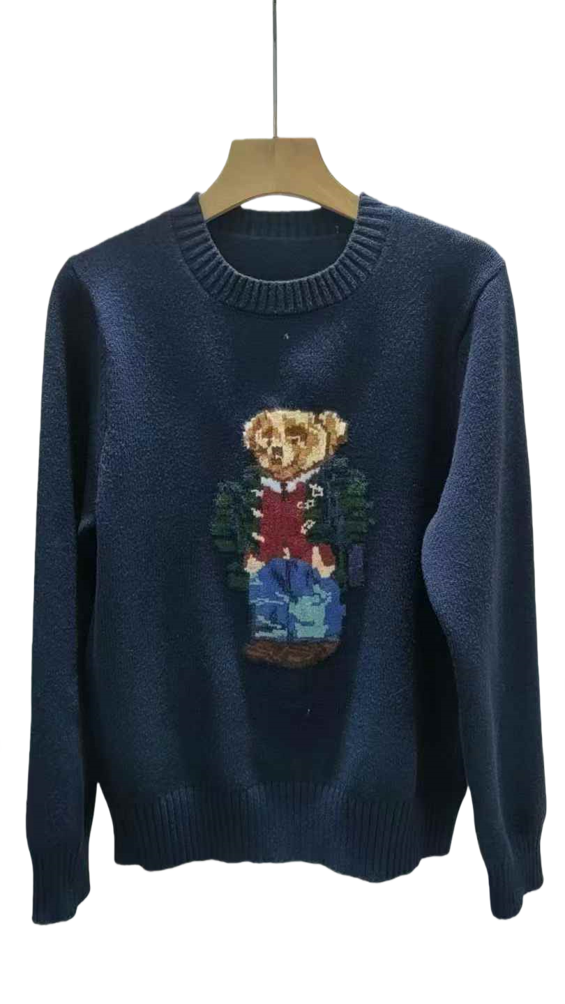 Fashion RL Designer brand, hot-selling knitted long-sleeved sweater with cartoon pattern and embroidered wool round neck.