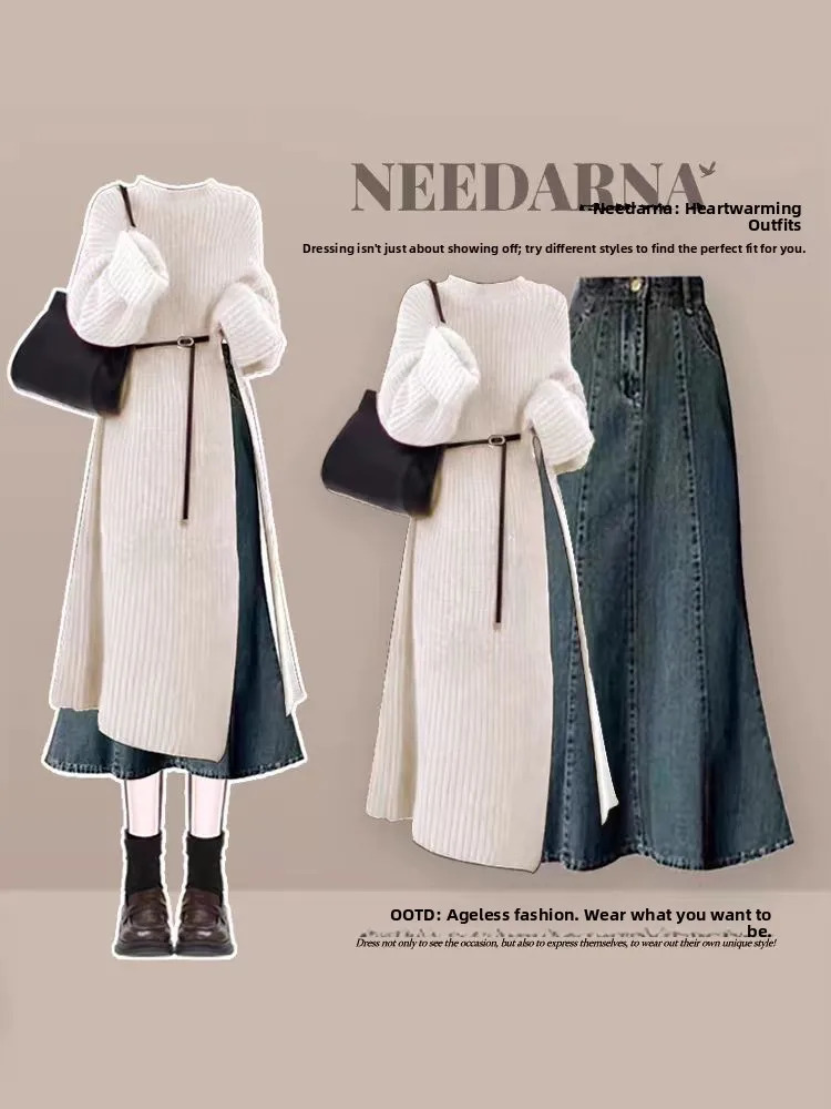 Hebe Sle Autumn Winter Knitted Sweater And Denim Skirt Set Womens Loose Fit Long Sve round Ne Two Piece Outfit 251020