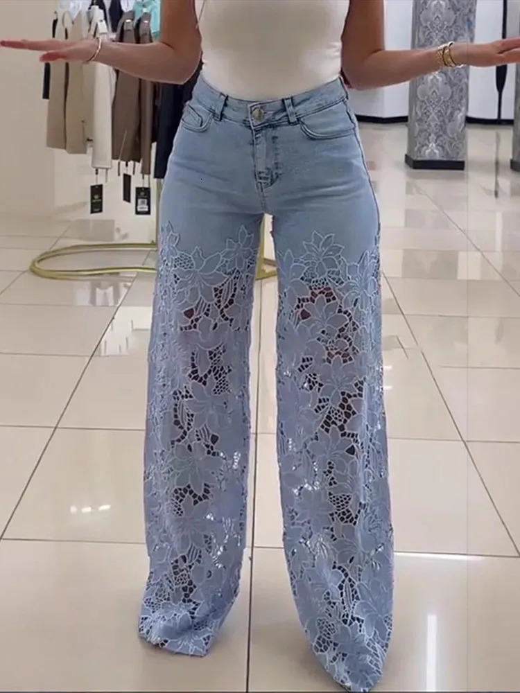 Plus Size Womens Stretch Denim Jeans With CutOut Lace Splicing Summer High Waist Wide Pants Elegant Female Chic Trousers 251023