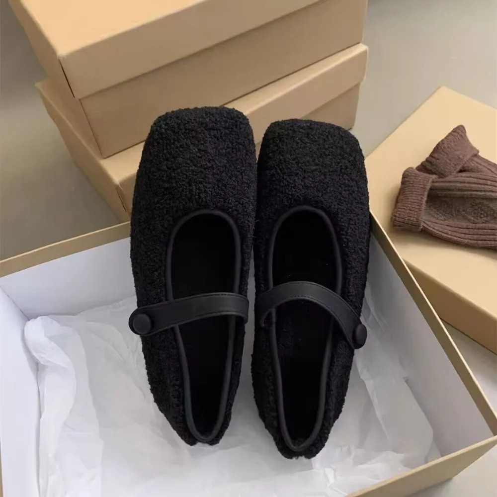 Square Toe Cosy Lambswool Ballet Flats Woman Warm Teddy Fur Mary Jane Shoes Ladies Elegant Fluffy Plush Loafers 251023
