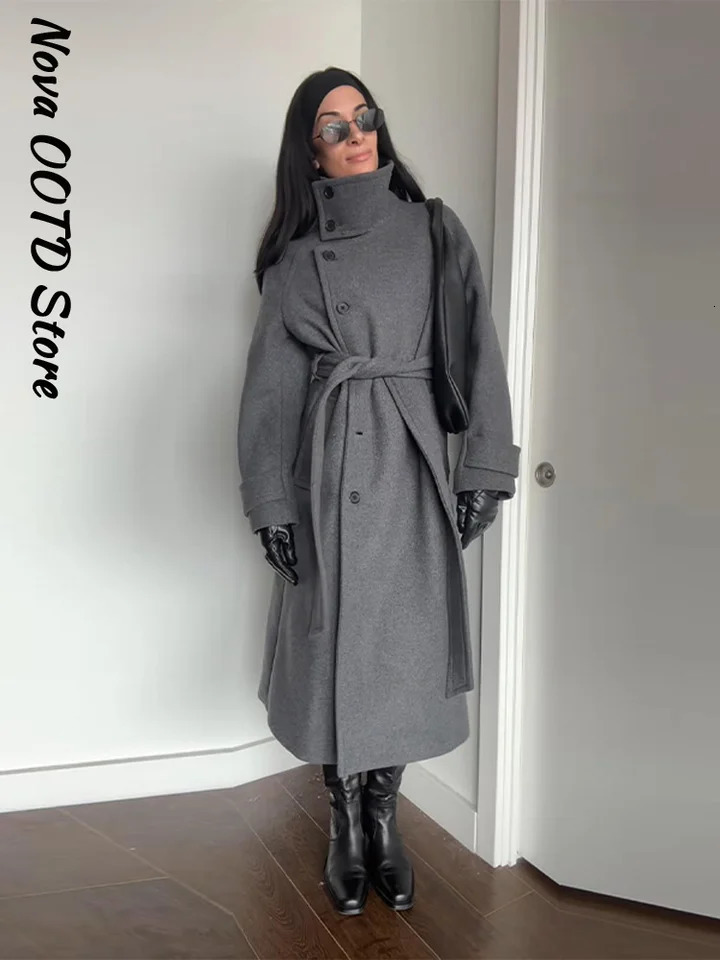 Chic Lace Up Long Woolen Coat Women Stand Collar Single Breasted Full Sleeve Thick Overcoats Autumn Winter Lady Outwear 251020