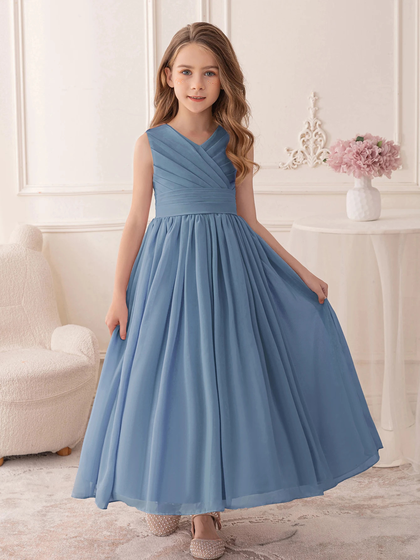 Teenage Gray blue Chiffon Evening Gown Suitable for Childrens Wedding Ceremonies Girl Princess Dress 251023