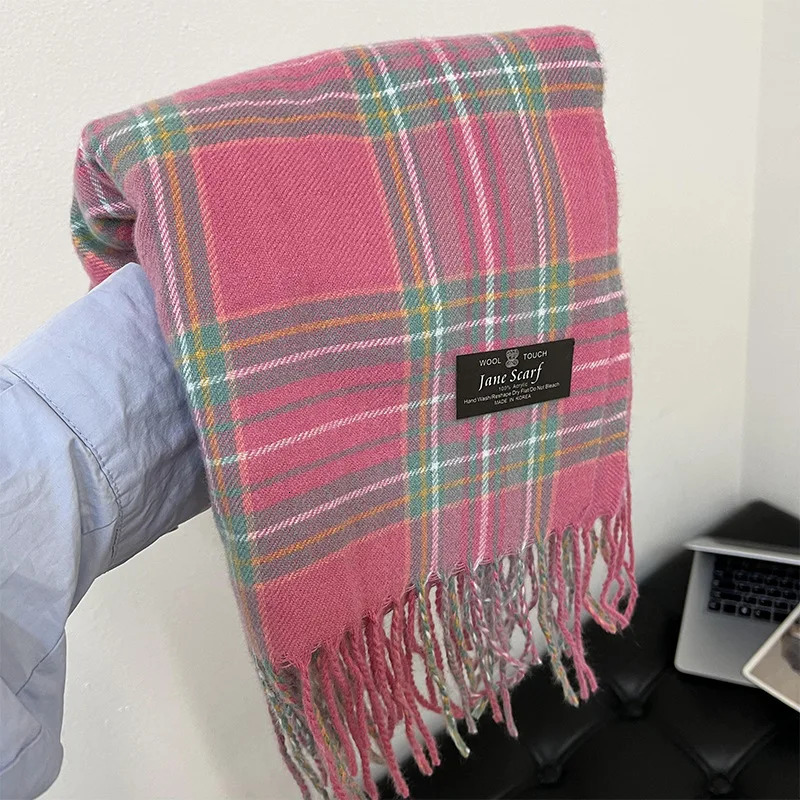 Gentle Christmas Ins Style Pink Girl Tassel Scarf Female Winter Plaid Shawl Korean Version of The Scarfs Thickening 251024