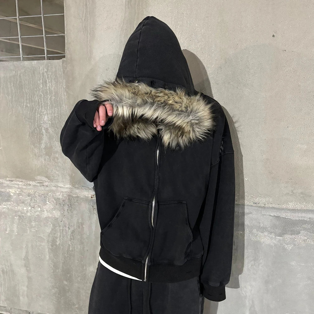 Fluffy Hat Hoodie Solid Color Casual Long Sleeve Hoodie Retro Coat Street Trend y2k 251023