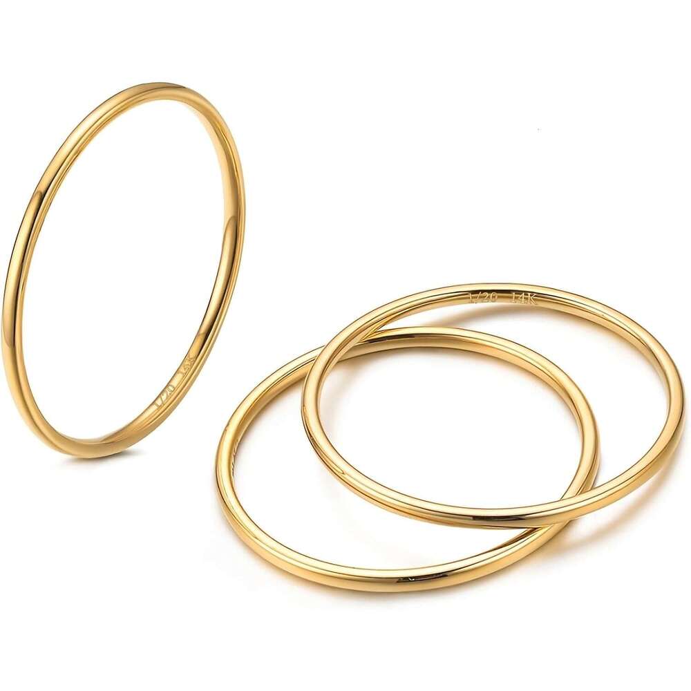 1mm 14K Filled Rings for Women Girls Thin Gold Ring Dainty Cute Stacking Stackable Thumb Pinky Band Non Tarnish Comfort Fit Size 4 to 11 1PC/2PCS/3PCS