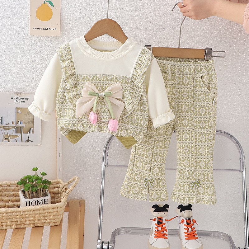 Free Shipping 2025 Girls Tulip Bow 2-Piece Set, Spring Autumn Fashion Outfit for Baby Girl, Cute Toddler Clothes for Little Girls