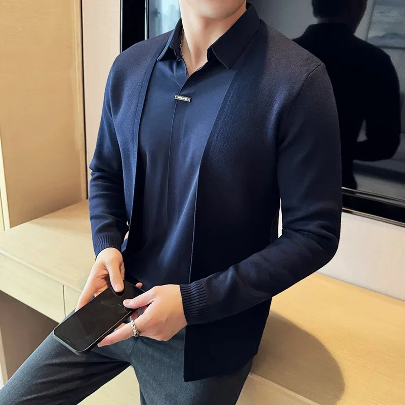 Autumn 2 Pieces Knitted Cardigan Traceless Shirt Collar Spliced Casual Pullovers Fashion Men Slim Sweater Coats 4XLM 251020