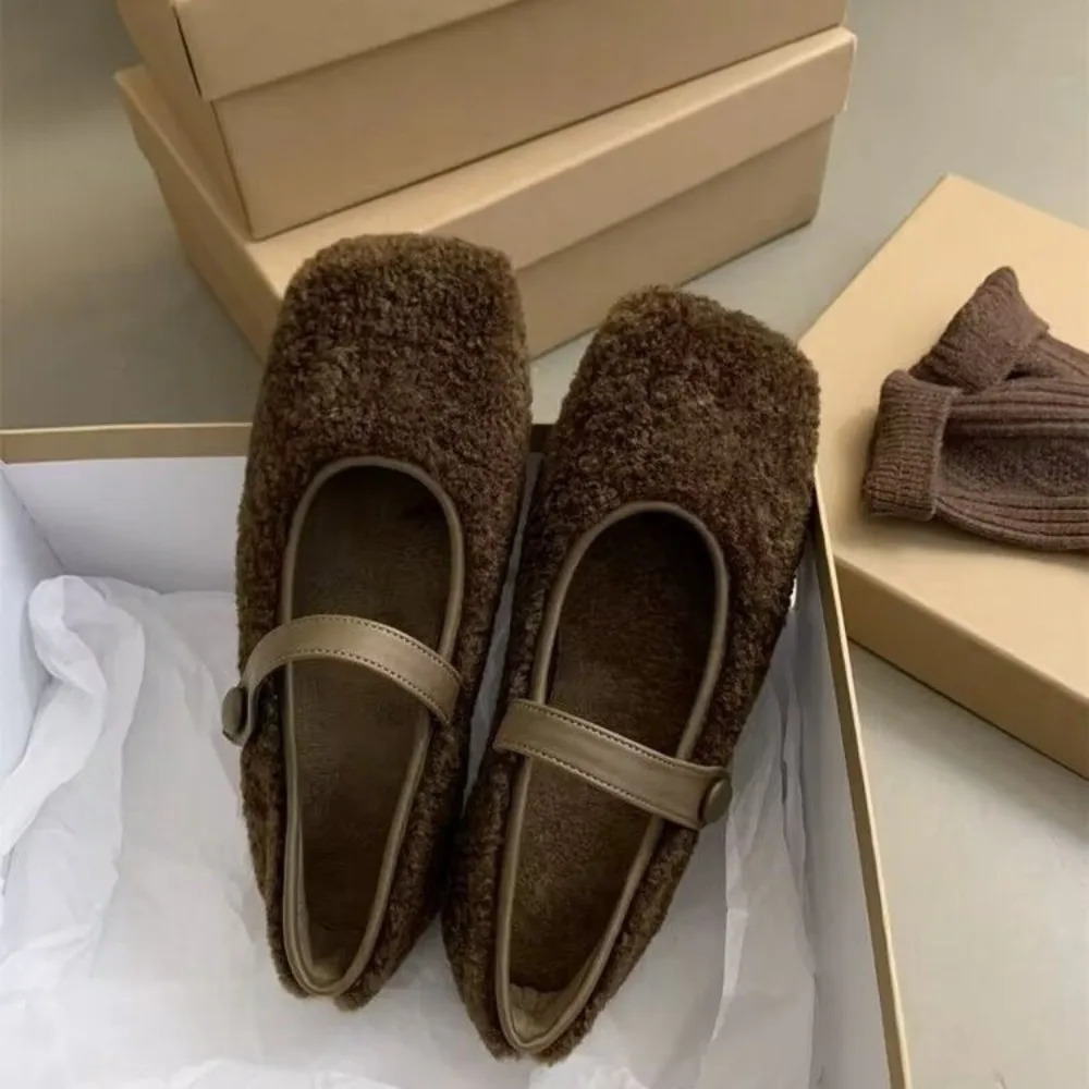 Square Toe Cosy Lambswool Ballet Flats Woman Warm Teddy Fur Mary Jane Shoes Ladies Elegant Fluffy Plush Loafers 251023