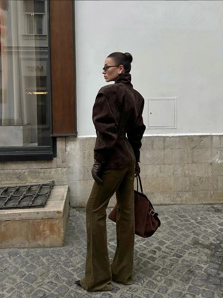 Womens Suede Jackets Autumn Winter Single Breasted Buckle Lapel Coats Streetwear Slim Fit With Shoulder Pads Casual Outerwears 251020