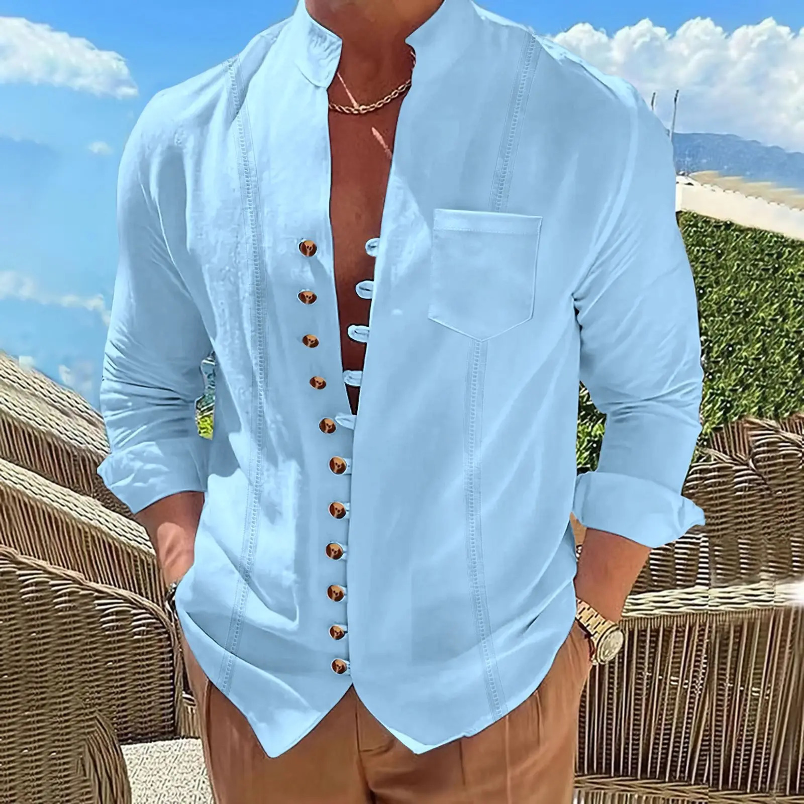 Mens cotton and linen pocket retro standup collar longsleeved shirt Casual multibutton solid color striped cardigan 251023