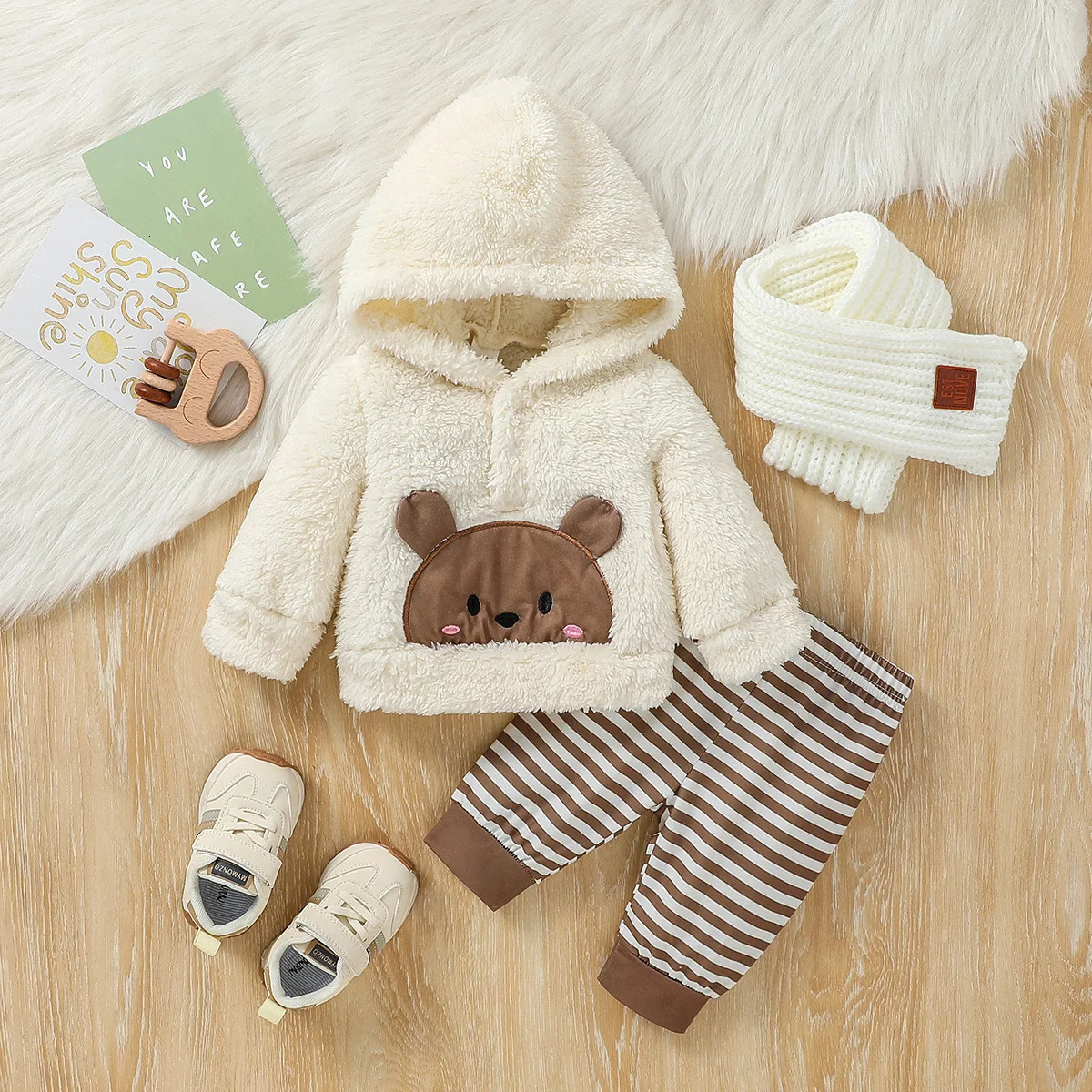 Baby Boys 2Pcs born6M Winter Long Sleeve Cartoon Bear Hooded Coat Striped Trousers Pantsuit Daily Clothing 251023