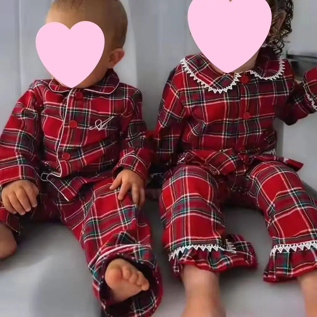 Flannel Christmas Family Matching Outfits Boys And Girls Ruffle Pajamas White Lace Red Long Sleeve Baby Button Kids Pyjamas Sets 251023