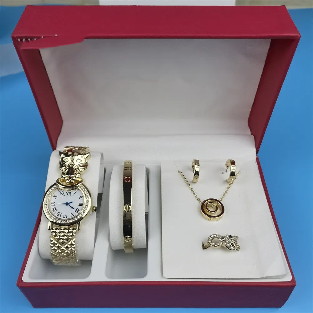 Luxury Designers Fashion Women Circular Watches Ladies Black White Leather Metal Quartz Watches Women Necklace Earrings Bracelet Wrist Watch With Gift Box 6PCS Set