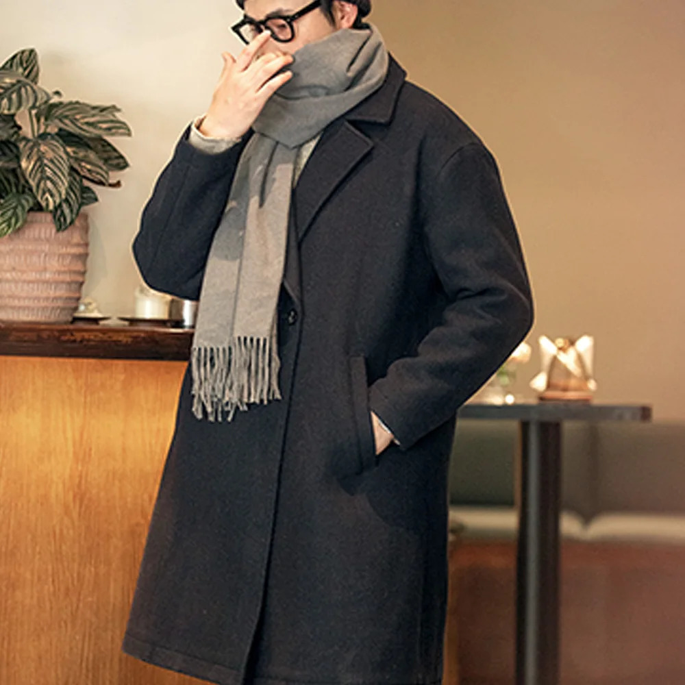 Maden Mens Vintage Heavyweight Black Woolen Overcoat Fall and Winter Season Thickened Loose Mediumlength Versatile Coat 251017