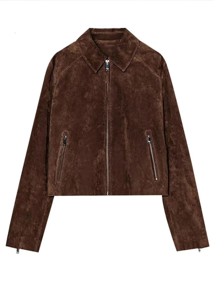 Vintage Womens Zipper Suede Short Jacket Long Sleeve Lapel Pockets Brown Slim Coat Autumn Lady Allmatch Outwears 251020
