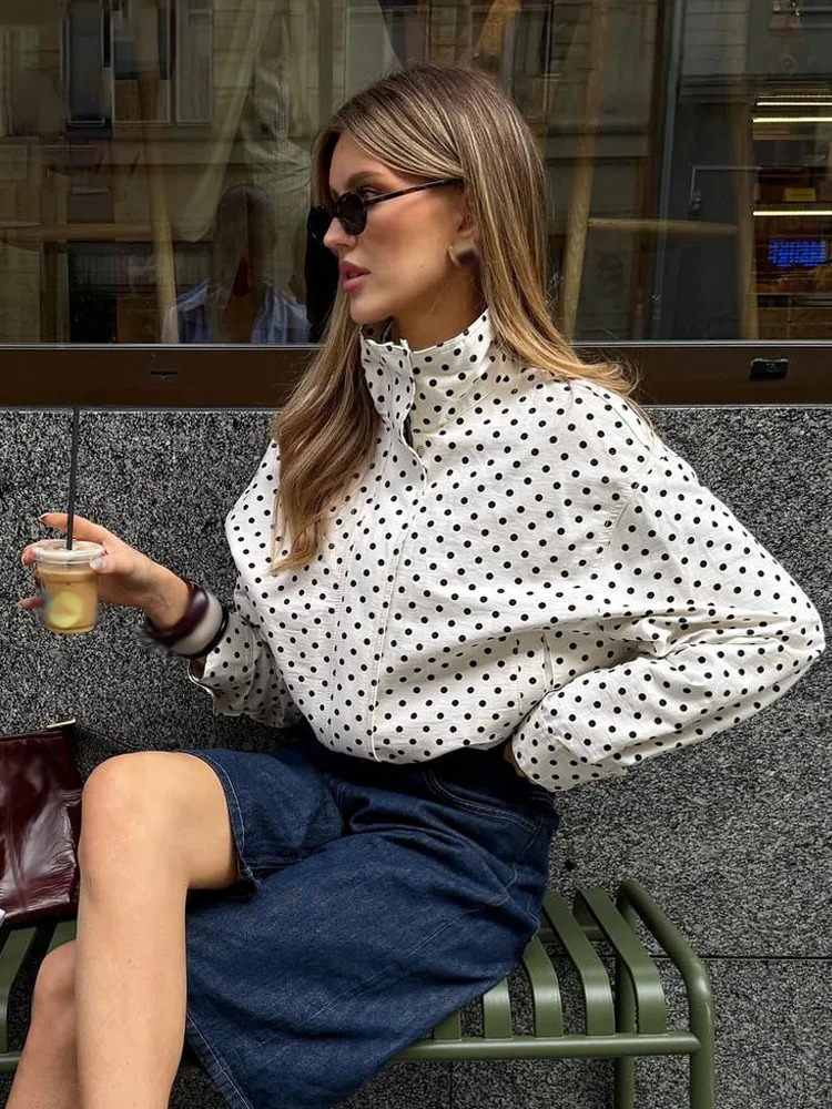 HH Woman Autumn Long Sleeves Turtleneck Zipper With Pockets Drawstring Casual Coats Women Fashion Polka Dot Printed Jacket 251020