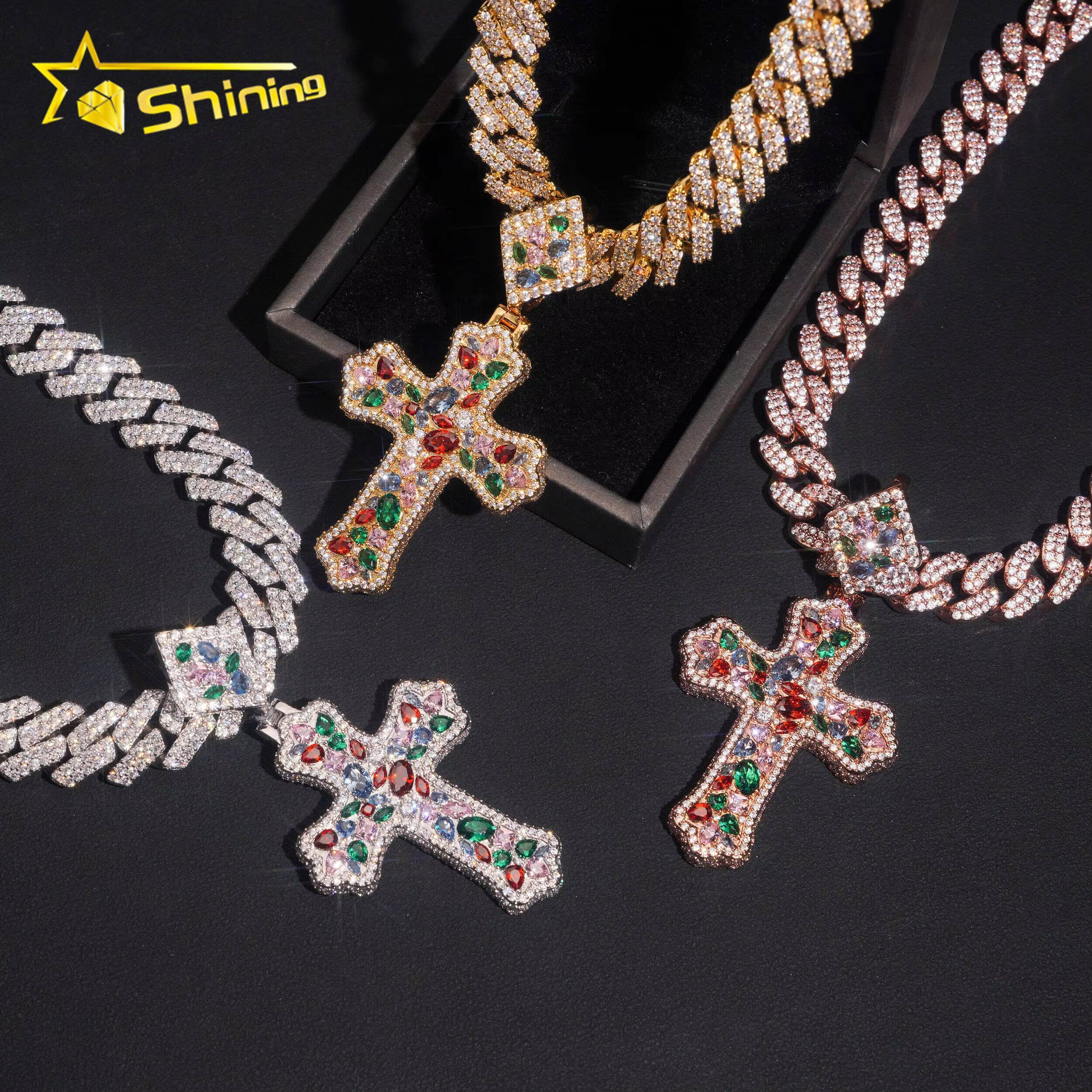 Fashion Pendant Charm Iced Out Brass Colorful CZ Diamond Cross Pendant Rapper Cool Style Hip Hop Pendant for Necklace