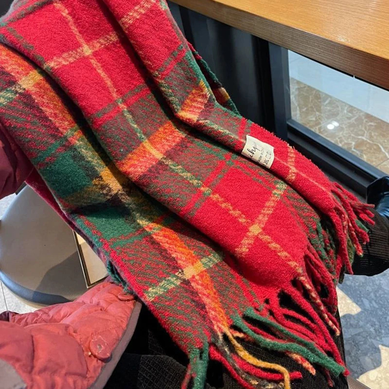 Women Winter Red Plaid Christams Scarf Cashmere Warm Pashmina Scarves Blanket Wraps Female Thick Soft Tassel Shawl Long Poncho 251024