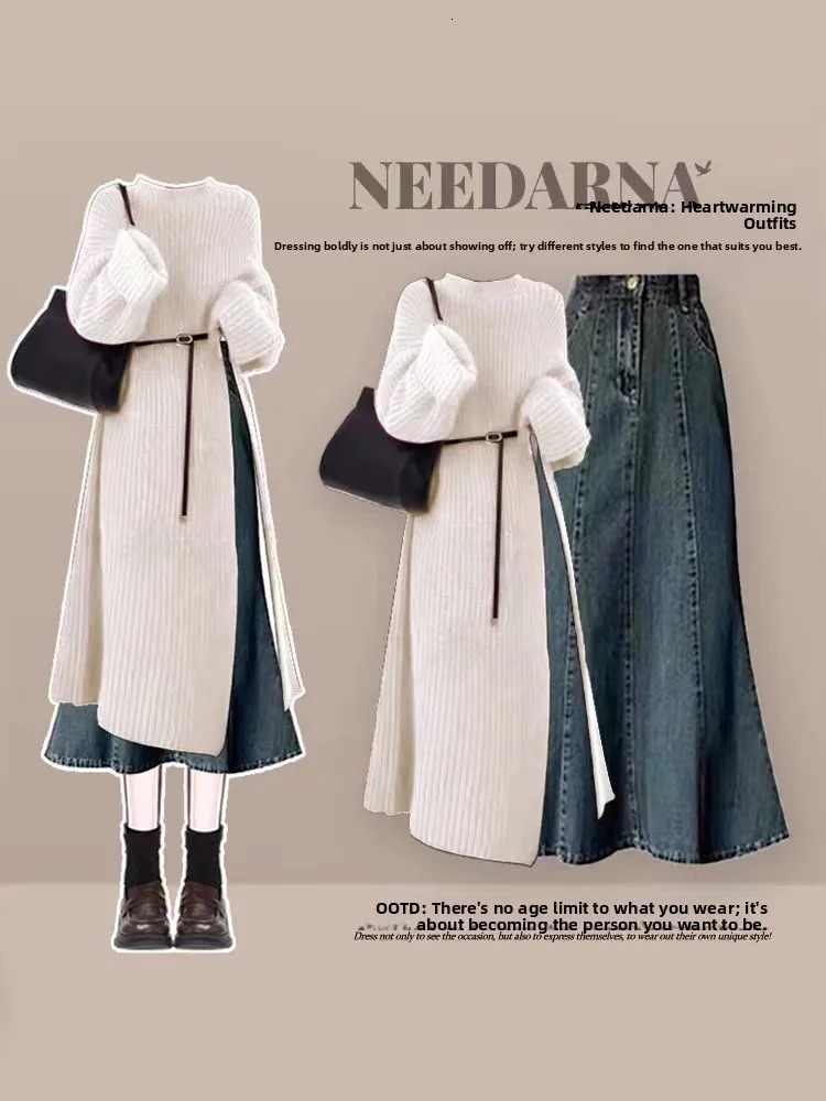 Hebe Sle Autumn Winter Knitted Sweater And Denim Skirt Set Womens Loose Fit Long Sve round Ne Two Piece Outfit 251020