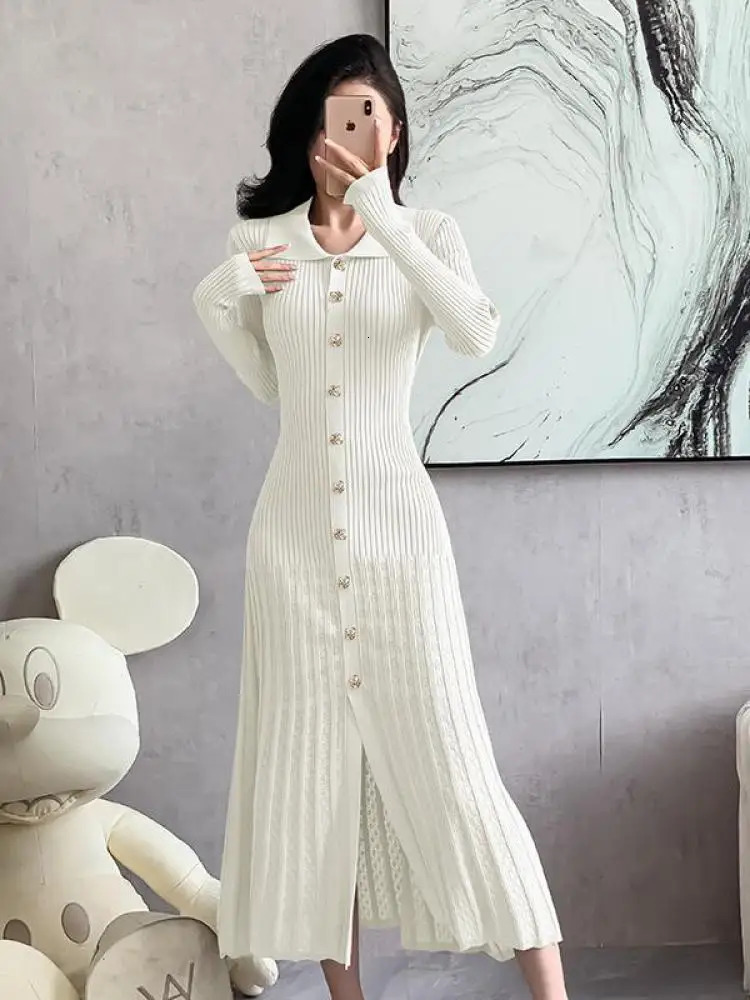 Autumn Womens Black Beige Single Breasted Knitted Long Dress Green Elegant Office Lady Long Sleeve Pleated Dress Trend 251023