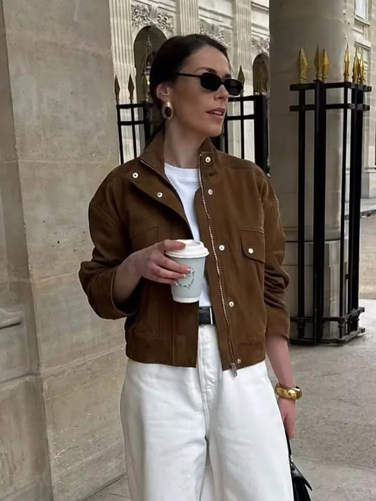 HH Womens Autumn Suede Textured Jacket Female Fashion Long Sleeves Zipper High Neck Pockets Decorative Casual Street Coats 251020