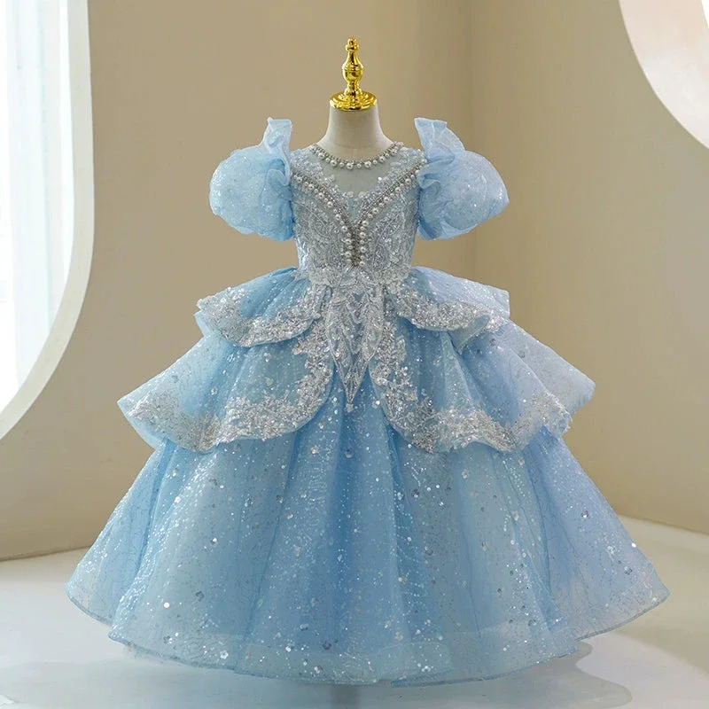 Puff Sleeve Flower Girl Dresses for Wedding Toddlers Beaded Ruffle Tulle Princess Pageant Dress Sparkly 1st Communion Party Gown 251023