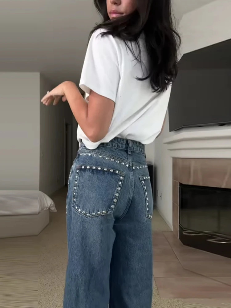 Chic Metal Rivet Women Denim Pants High Waist Straight Baggy Wide Leg Jeans Trousers Dragging Elegant Street Wear Casual Pant 251023