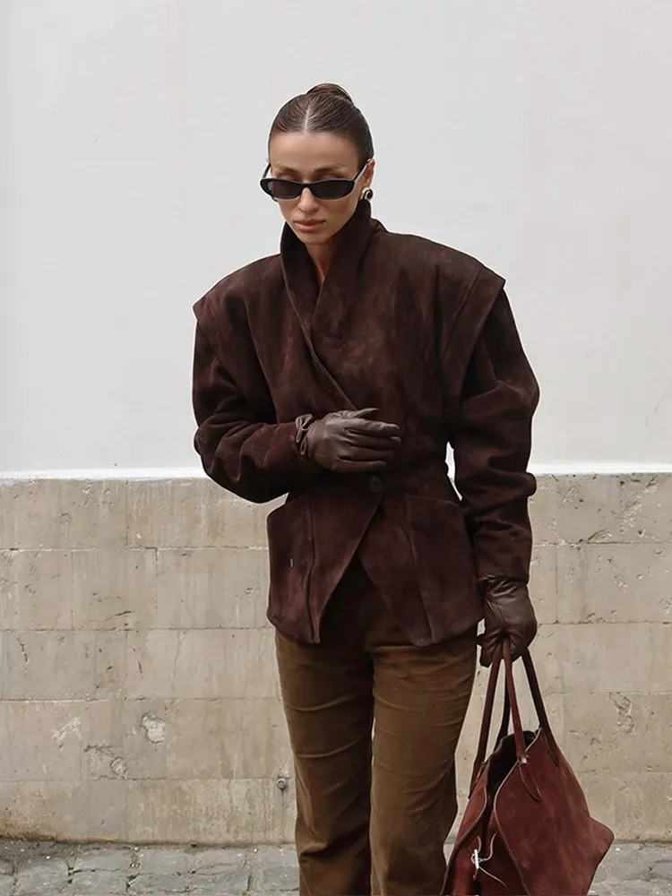 Womens Suede Jackets Autumn Winter Single Breasted Buckle Lapel Coats Streetwear Slim Fit With Shoulder Pads Casual Outerwears 251020