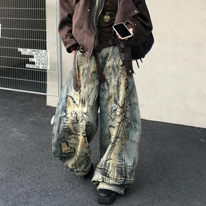 American Street Destruction Style Embroidered Denim Pants Oversized Retro Wash Personality Fashion Loose Casual Wide Leg Jeans 251023