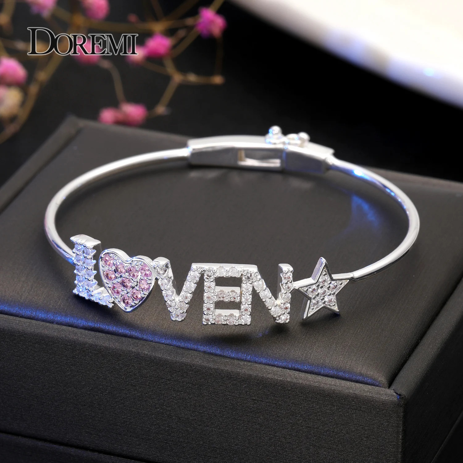 DOREMI Crystal Name Bangle with Zircon Pink Heart Bracelet Custom 9mm Letter Personalized Bracelets Rhinestone Hand Jewelry 251023
