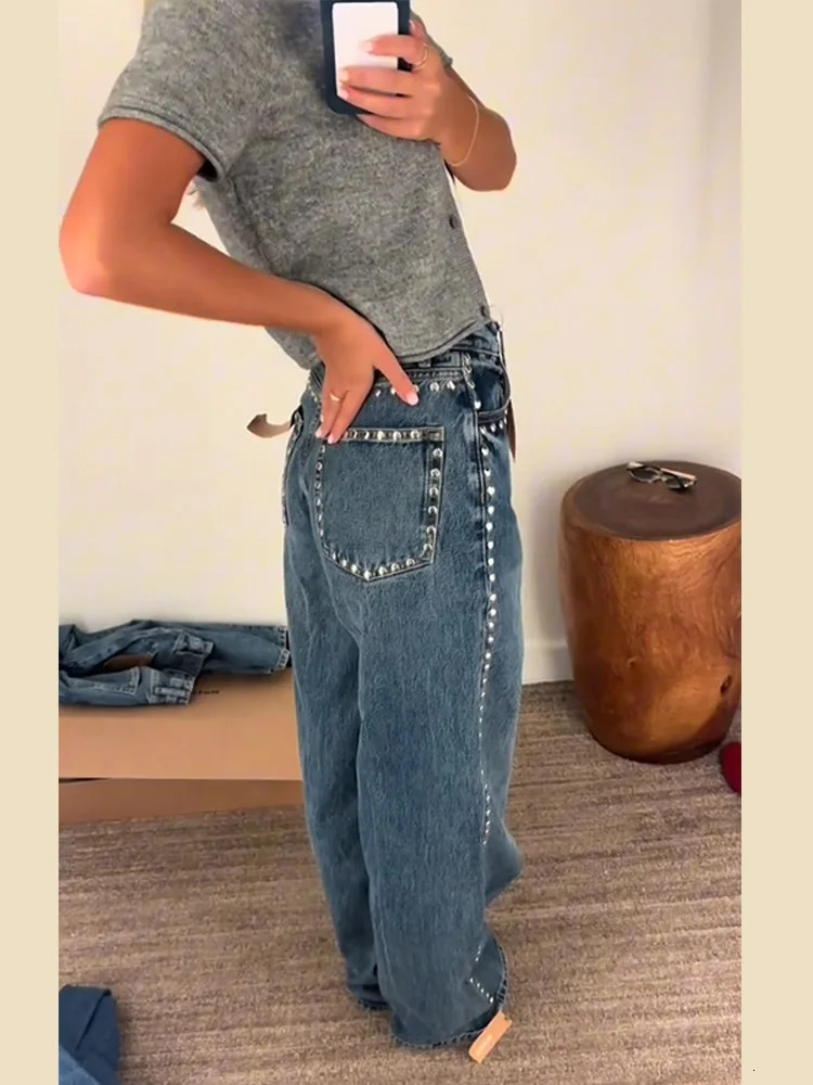 Chic Metal Rivet Women Denim Pants High Waist Straight Baggy Wide Leg Jeans Trousers Dragging Elegant Street Wear Casual Pant 251023