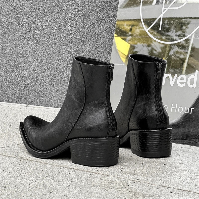 Mens Retro SolidColor Leather Ankle Boot ThickHeeled WesternStyle Zipper Casual Boot Elegant And Comfortable Party Boots 251023