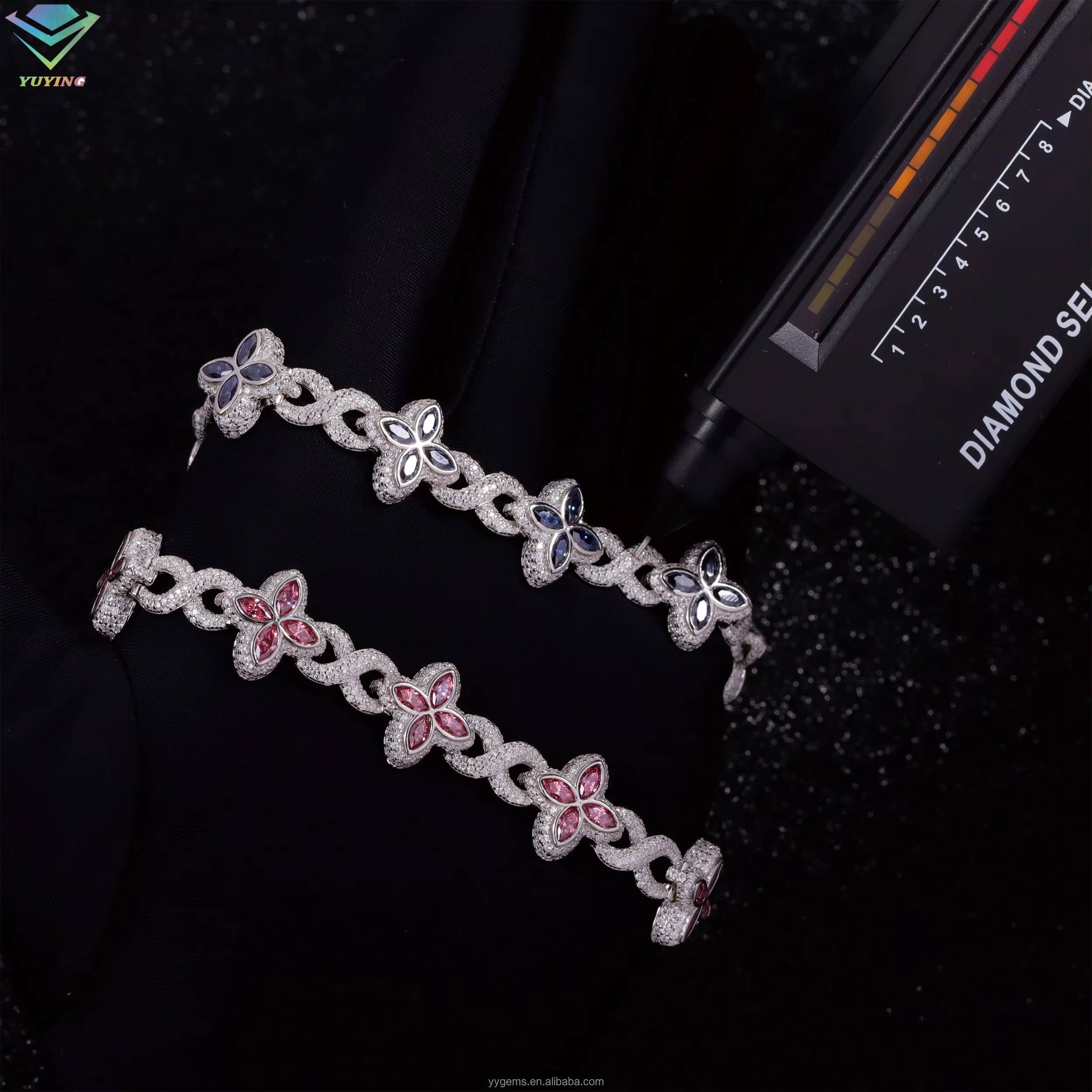 Yu Ying New Trends Pink Marquise Moissanite Diamonds Gold Plated 925 Sterling Silver Four Leaf Clover Infinity Bracelets Jewelry