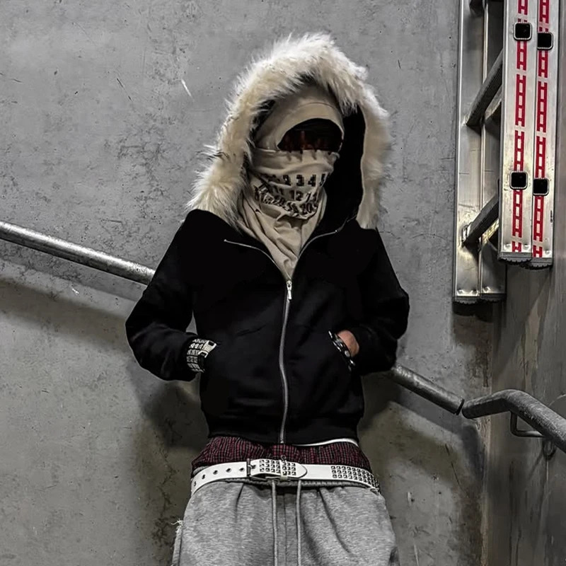 Fluffy Hat Hoodie Solid Color Casual Long Sleeve Hoodie Retro Coat Street Trend y2k 251023