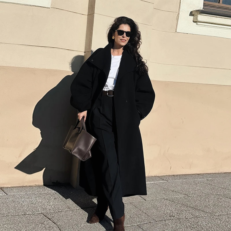 Womens Elegant Faux Suede Long Jacket Stand Collar Bat Sleeve Solid Overcoat Outwears Autumn Winter Female Streetwears 251020