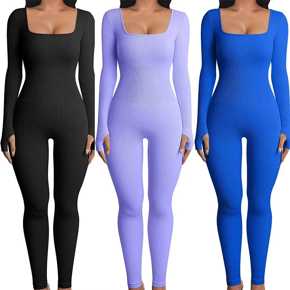 Women Skinny Jumpsuit Solid Color Ribbed Knit Long Sleeve Square Neck Bodycon Jumpsuit Romper Work Out Sport Yoga Playsuits 251020