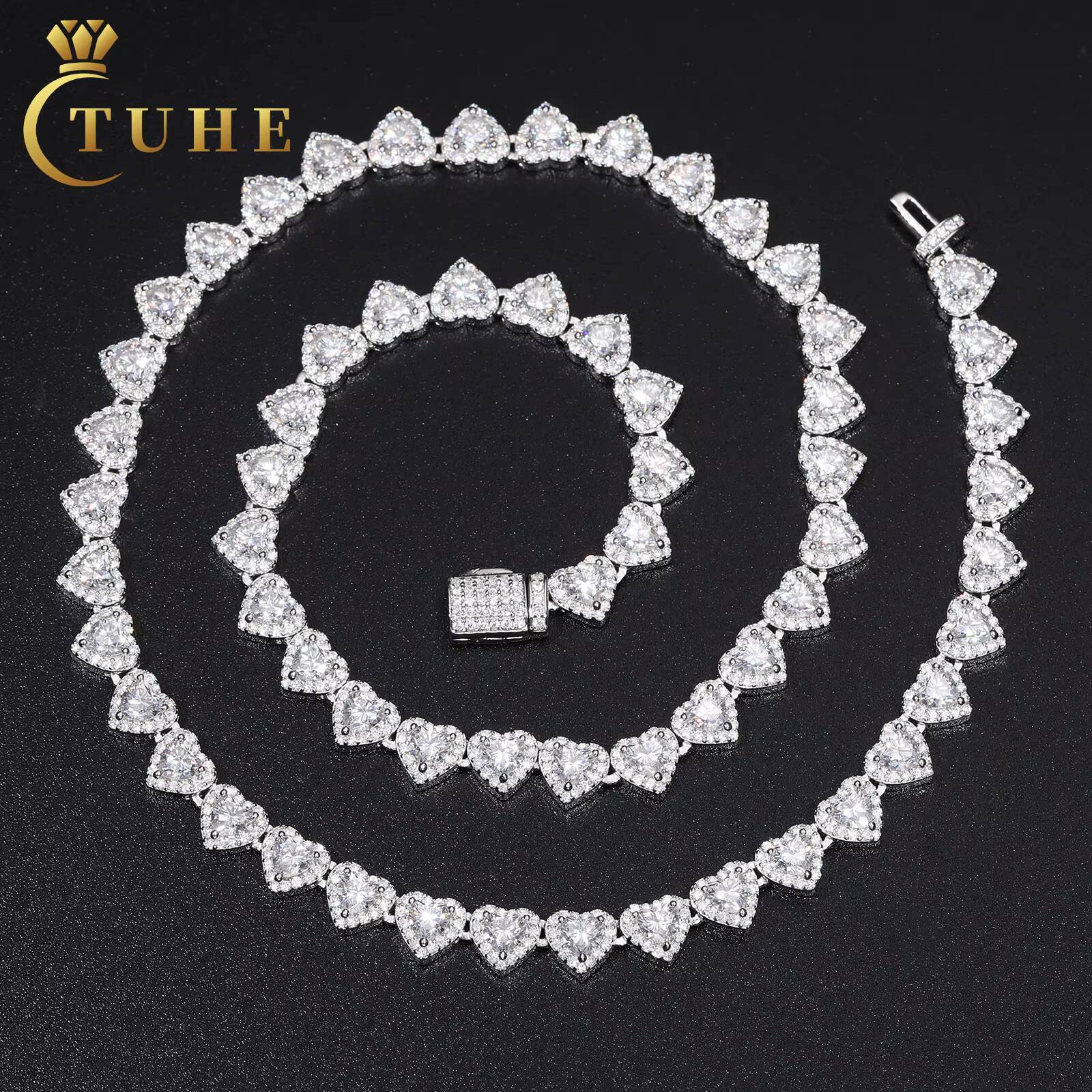 Bling Hip Hop Jewelry Wholesale 7mm 925 Sterling Silver Heart Cut VVS Moissanite Diamond Iced Out Tennis Chain Necklace