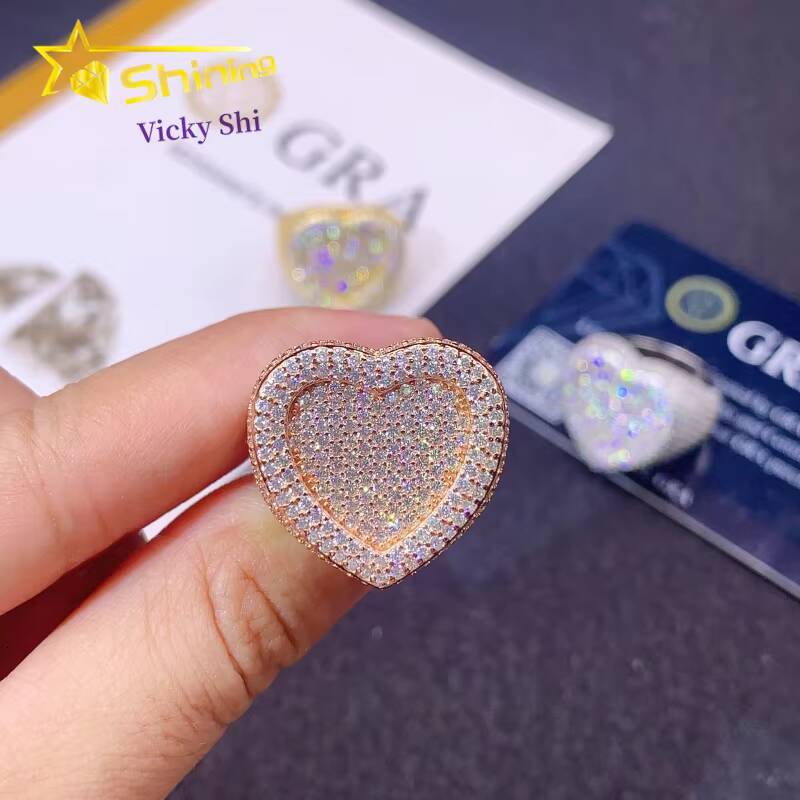 Pass Diamond Tester 925 Silver Hip Hop Heart Style Moissanite Diamond Ring Custom Fine Jewelry Rapper Ring